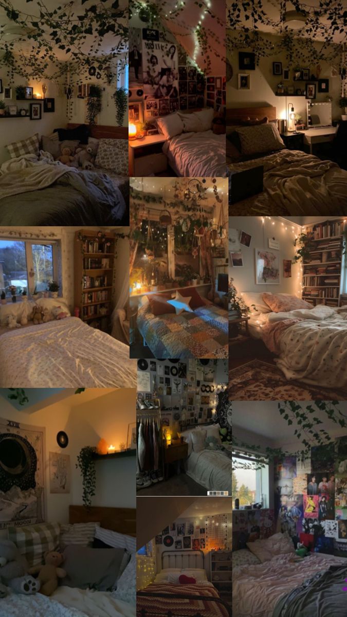 a collage of photos showing the inside of a bedroom with plants growing on the walls