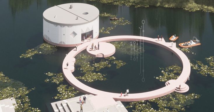 an artist's rendering of a circular building surrounded by water