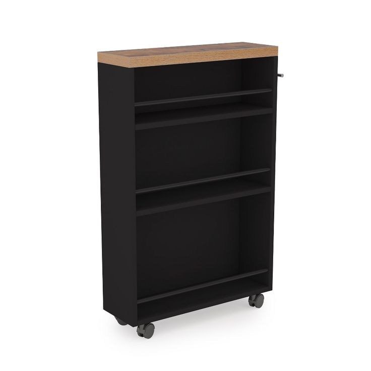 a black bookcase with wheels and a wooden top