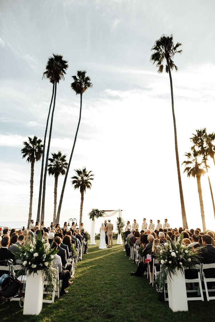 a wedding ceremony on the lawn with palm trees