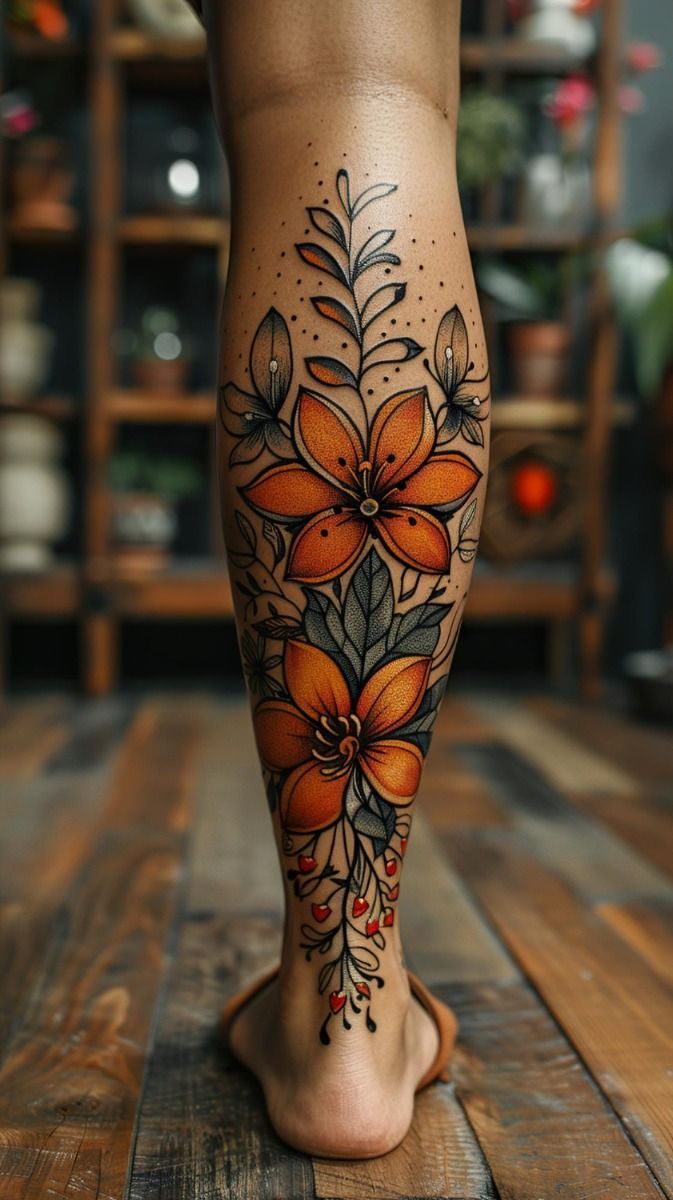 a woman's legs with flowers and leaves tattooed on the bottom of her leg