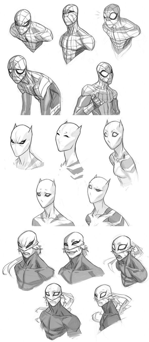 some sketches of different poses and head shapes for the character in spider - man, which is