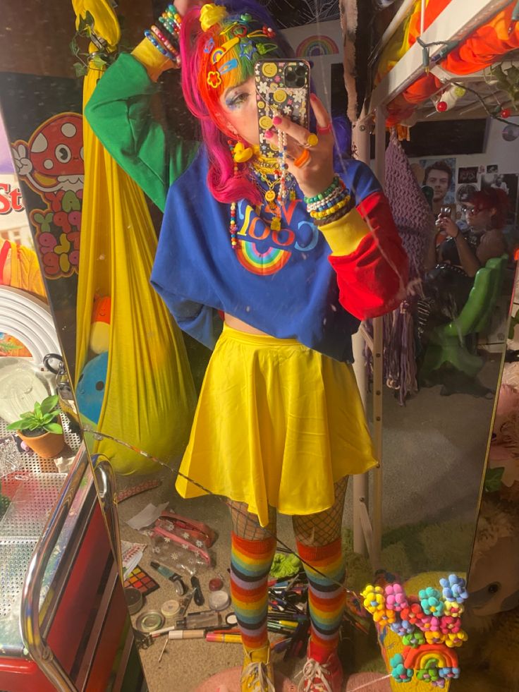 Colorful Kidcore Outfits, Rainbow Style Outfit, Pastel Rainbow Aesthetic Outfit, Colorful Eccentric Outfits, Bright Alternative Fashion, Rainbow Clown Outfit, Arcadecore Aesthetic Outfit, Kidcore Style Outfits, Clashing Patterns Outfits