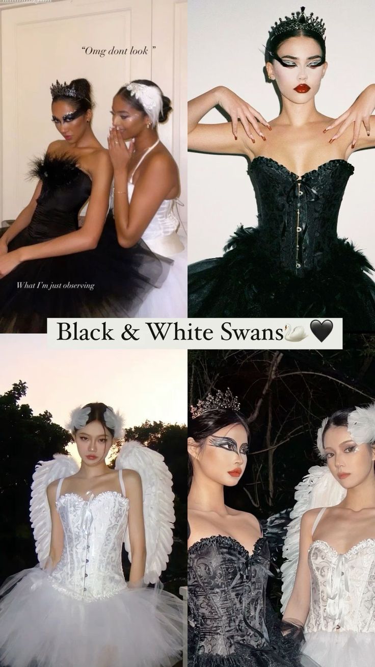 three different pictures of women in black and white dresses, one wearing a tiara