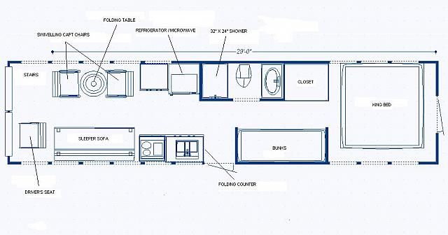 the floor plan for a mobile home is shown in blue and white, with an attached kitchen