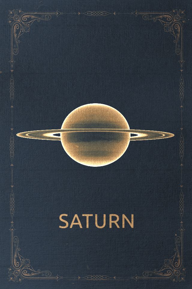 saturn is shown with the sun in the background and an ornate frame around it that reads saturn