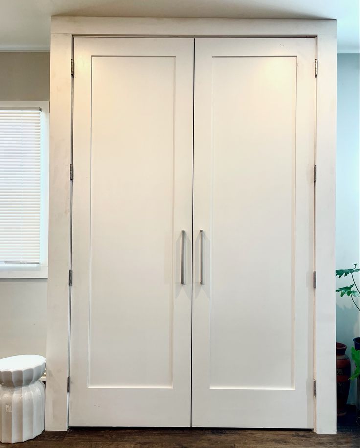 a white closet with two doors and a window