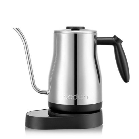 a stainless steel coffee pot with a black handle