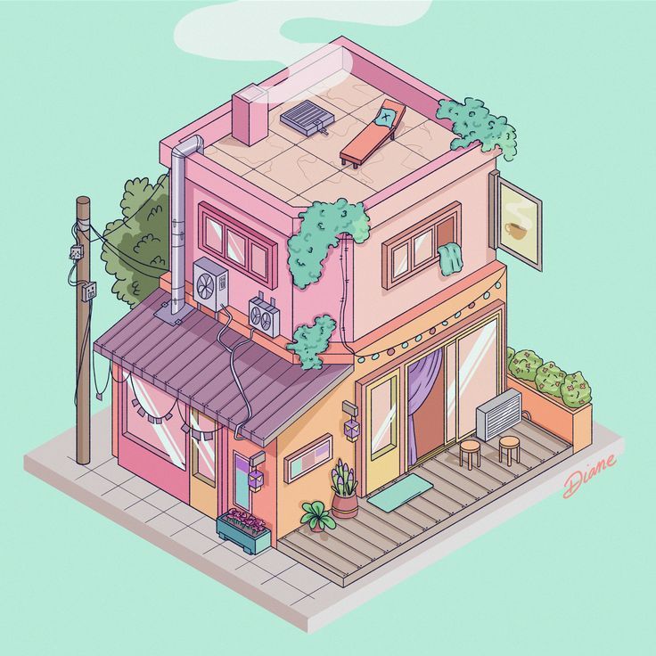 an illustration of a house that is pink and has green plants on the top floor