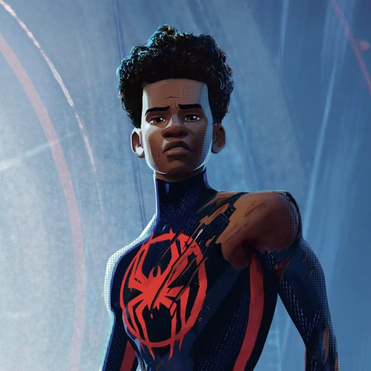 a young man with black hair and red spider - man skin on his chest holding a knife