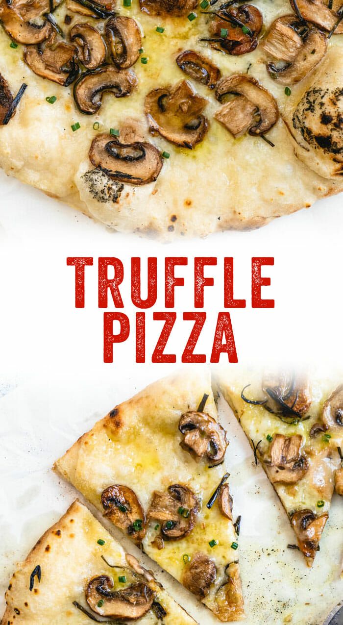 two slices of pizza with mushrooms on top and the words truffle pizza below