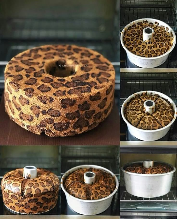 several pictures of different types of cakes in pans and on racks, including one with leopard print