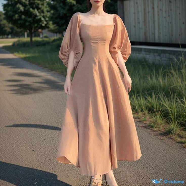 Orcajump - Vintage-Inspired Palace Neck Puff-Sleeve Princess Dress in Khaki - Elegant and Charming Princess Cut Dress, Asian Style Dress, Sewing Clothes Women, Aesthetic Dress, Modest Dresses Casual, Cut Dress, Girly Dresses, Square Neck Dress, Princess Outfits