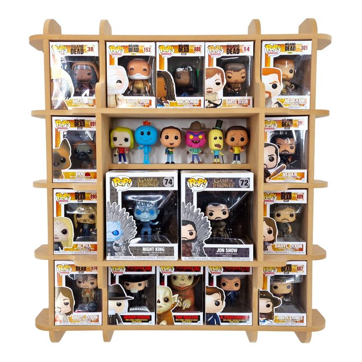 a wooden shelf filled with lots of funky pop vinyls on top of each other