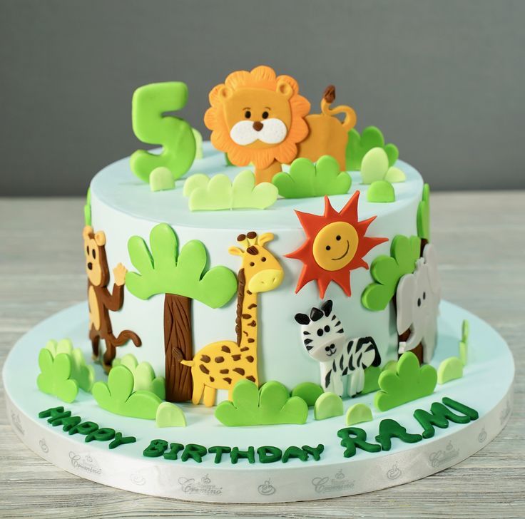 Zoo Theme Birthday Cake, Animal Cakes For Kids, Jungle Birthday Cakes, Jungle Theme Cakes, Boys First Birthday Cake, Cake Designs For Kids, Baby Boy Birthday Cake, Animals Cake, Animal Birthday Cakes