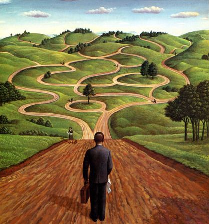 a painting of a man walking down a dirt road in the middle of a field