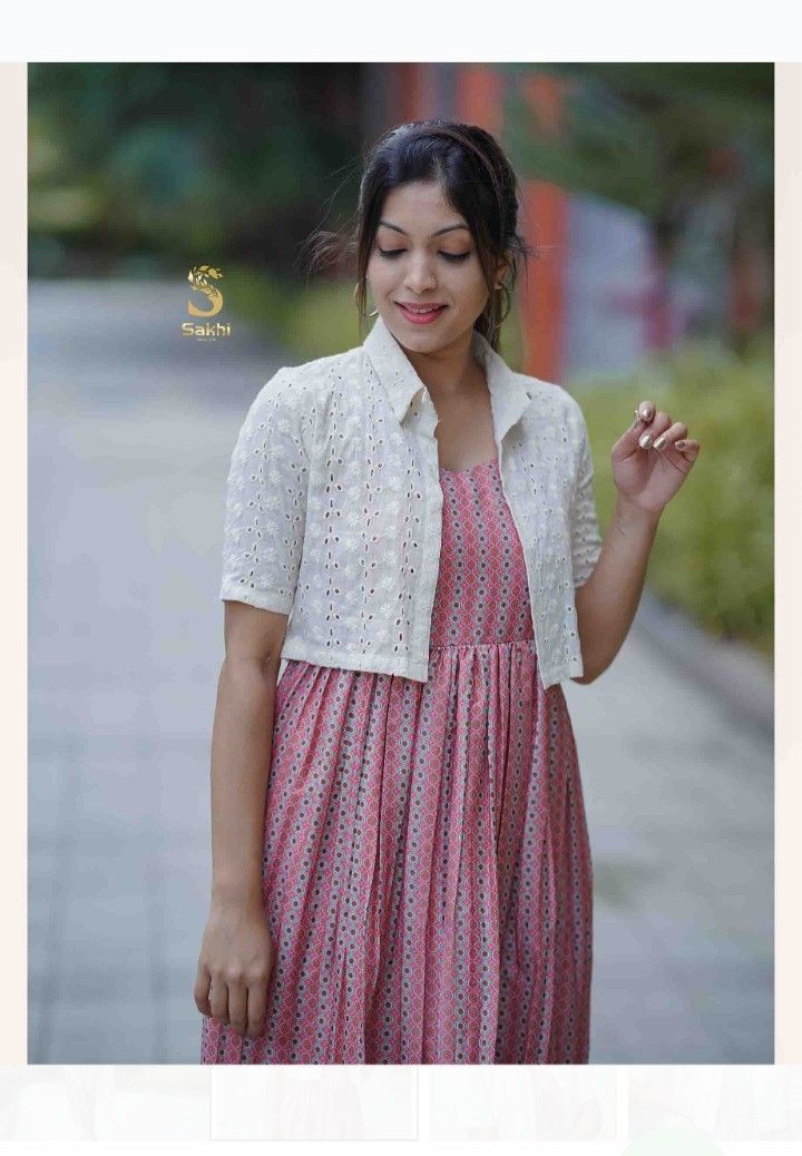 Shrug For Frocks, Overcoat Dress Women Indian, Coat Model Kurtis Cotton, Cotton Frock With Jacket, Overcoat Frock Design, Frock With Overcoat For Women, Over Coats On Kurtis Short, New Cotton Frock Design, White Shrug Outfit Casual