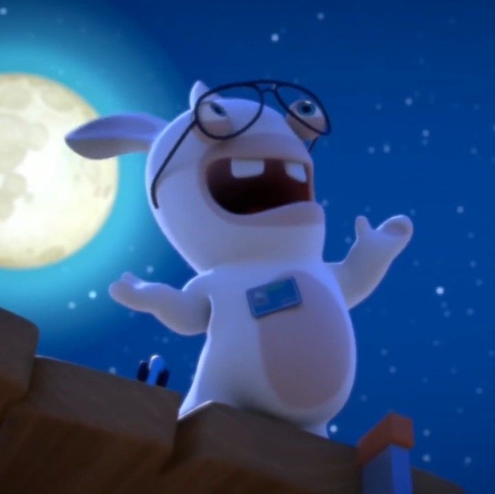 a cartoon sheep wearing glasses standing on top of a roof in front of the moon