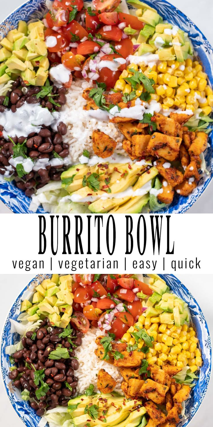 two plates filled with different types of food and the words burrito bowl are above them