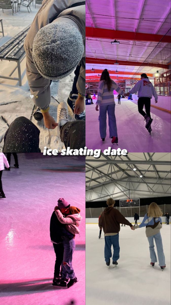 people skating on an ice rink at night and in the day, with pink lights