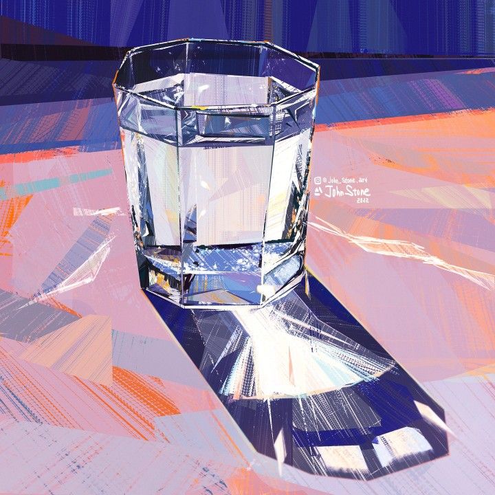 a glass sitting on top of a table next to a blue and pink wallpaper