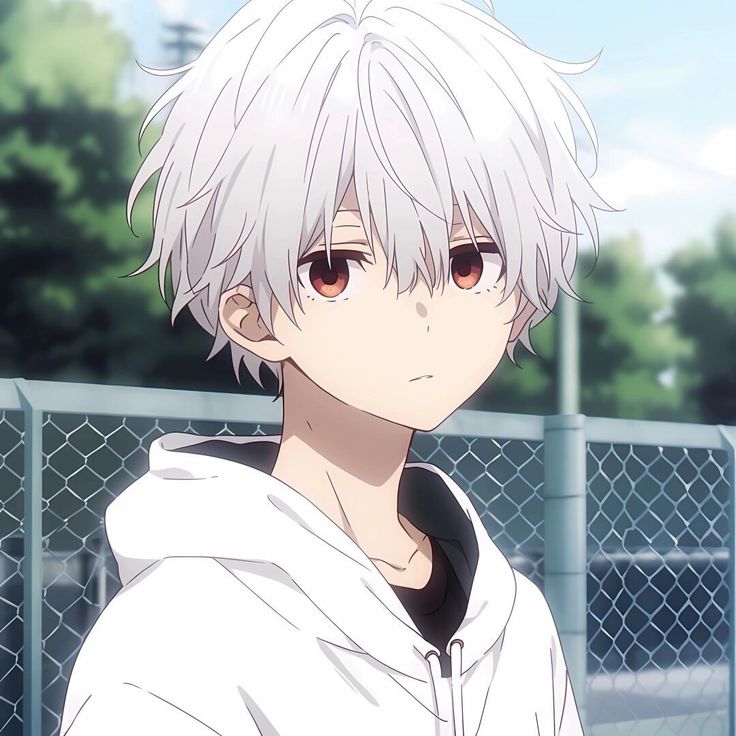 an anime character with white hair standing in front of a fence