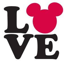 the word love is written in black and red with mickey mouse's head on it