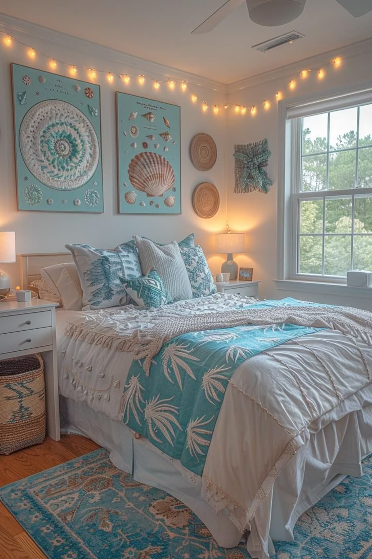 a bedroom decorated in blue and white with sea shells on the wall above the bed