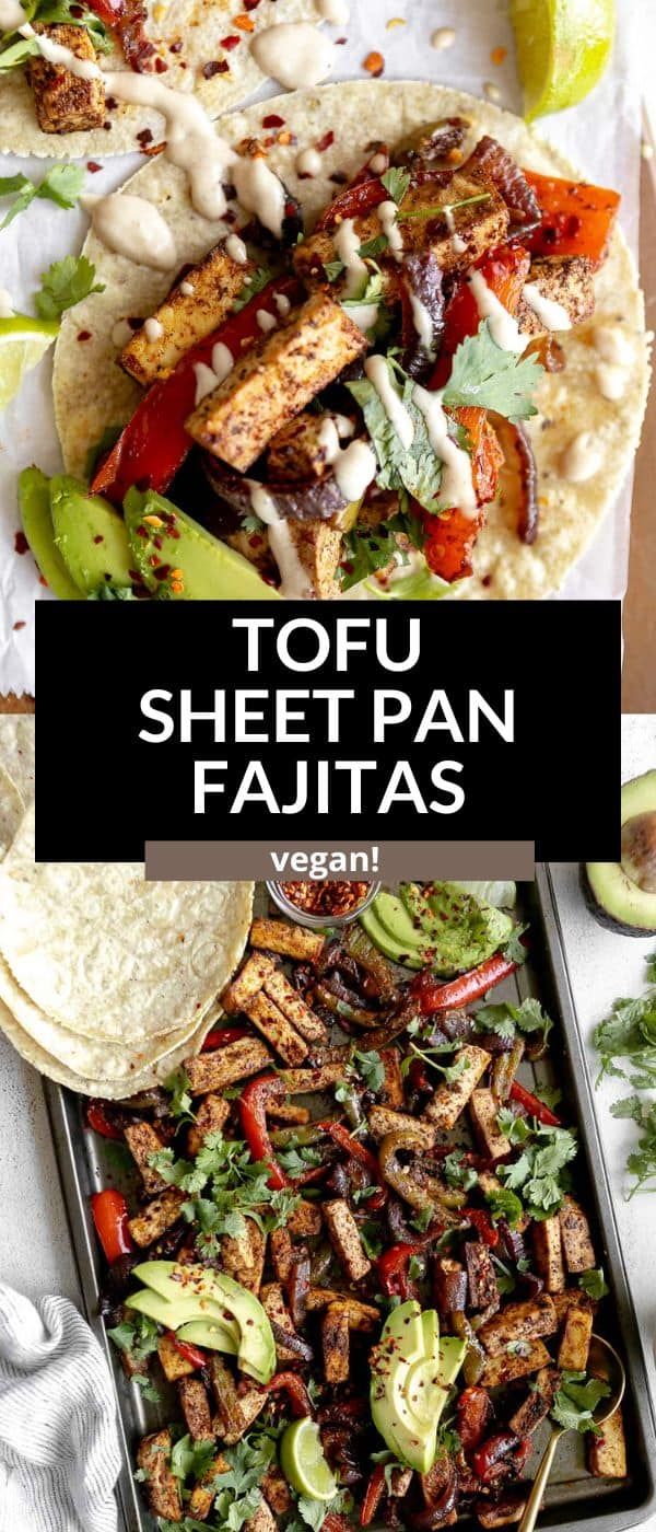 tofu sheet pan fajitas with avocado and cilantro on the side