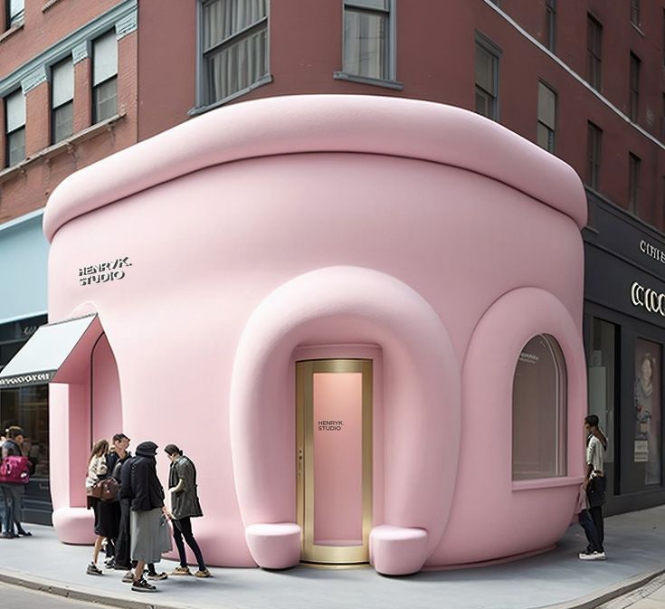 people are standing in front of a pink building on the corner of a city street