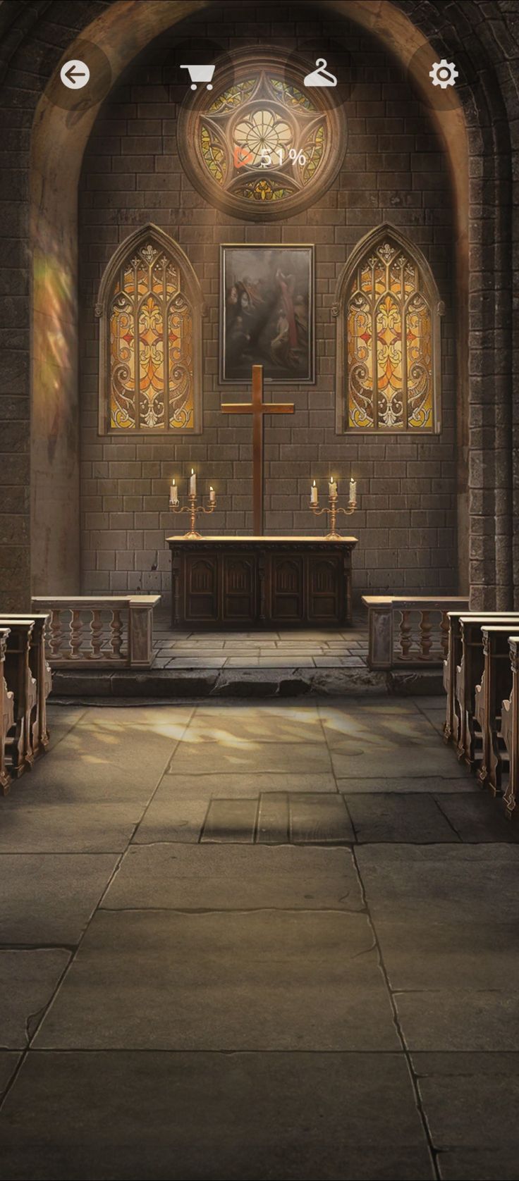 an empty church with stained glass windows and pews