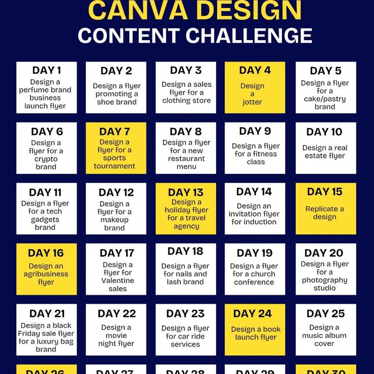 a blue and yellow calendar with the words canva design content challenge written in it