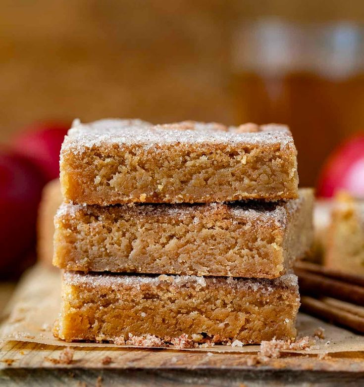 three pieces of apple cinnamon bars stacked on top of each other