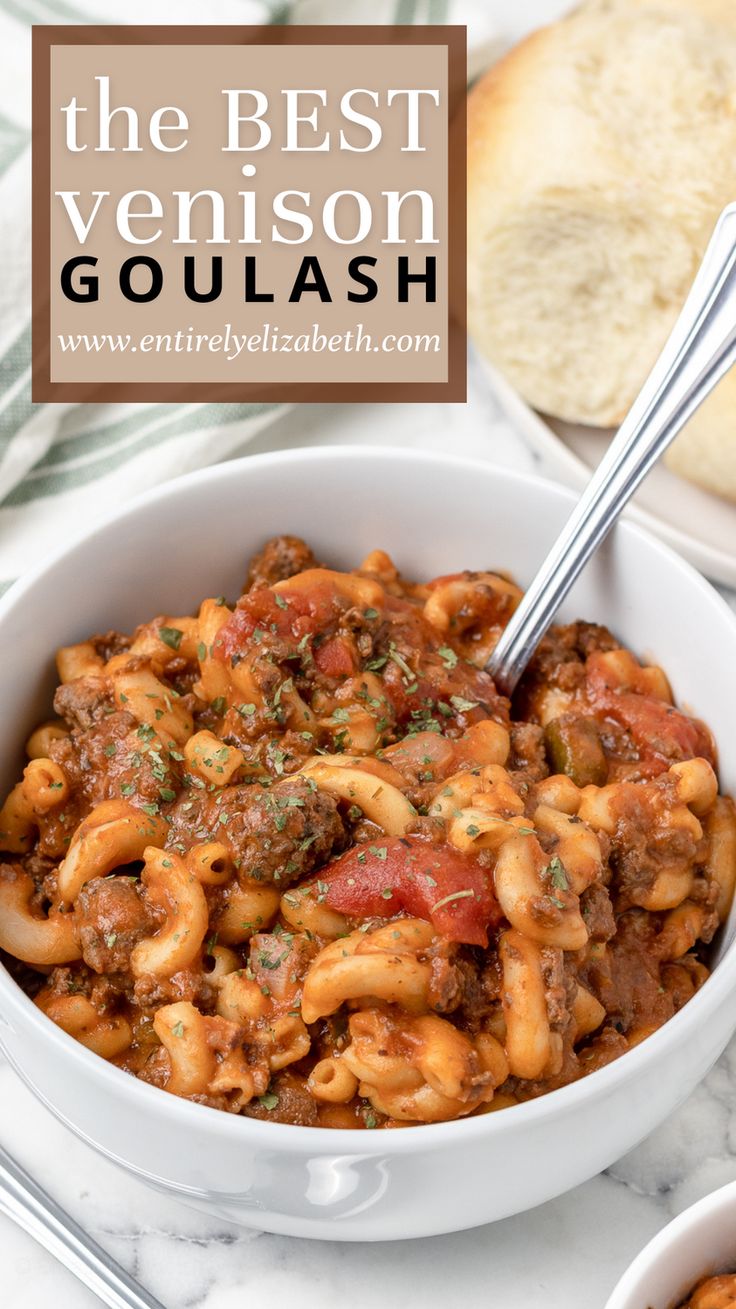 the best venison goulash in a white bowl