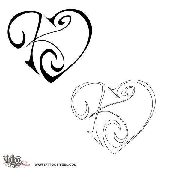 two hearts that are drawn in the shape of letters k and c, with swirls on