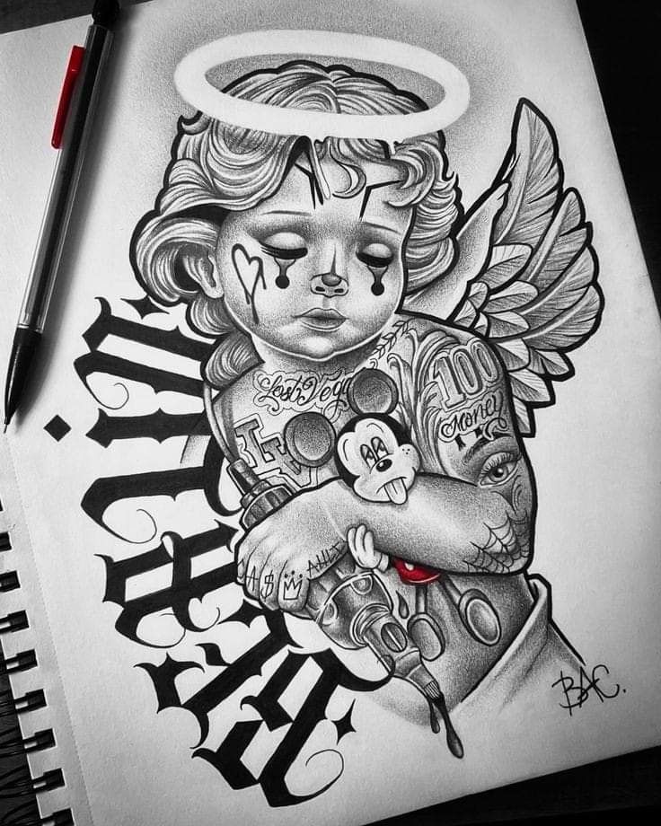 a pencil drawing of an angel holding a baby in his arms with the word faith on it