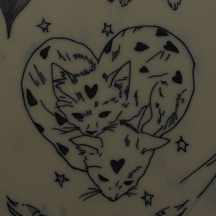 two cats in the shape of a heart with stars and hearts drawn on it's side