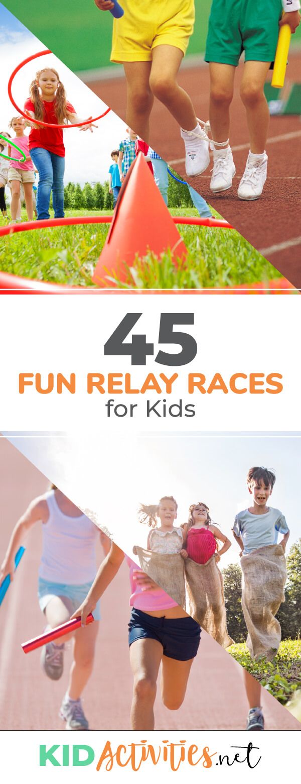 kids running and playing in the park with text that reads 45 fun relay races for kids