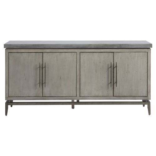 the sideboard is made from wood and has two doors on one side, with metal handles