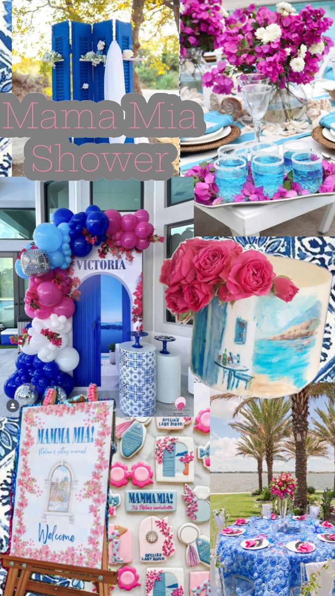 a collage of photos with blue and pink flowers on them, including plates, vases, pictures, and other items