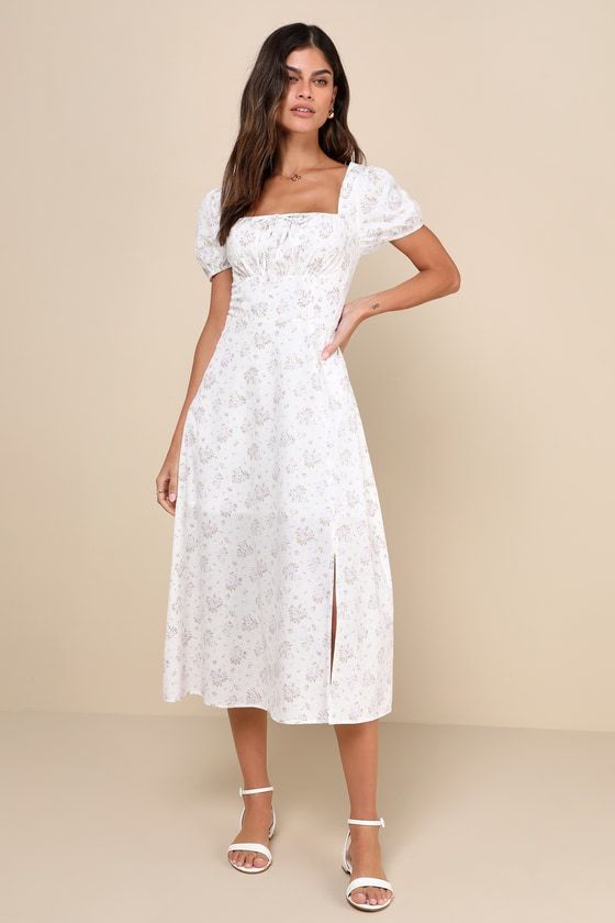 Darling Appeal White Floral Puff Sleeve Empire Waist Midi Dress | Midi dress with sleeves, Engagement photo dress, Dress