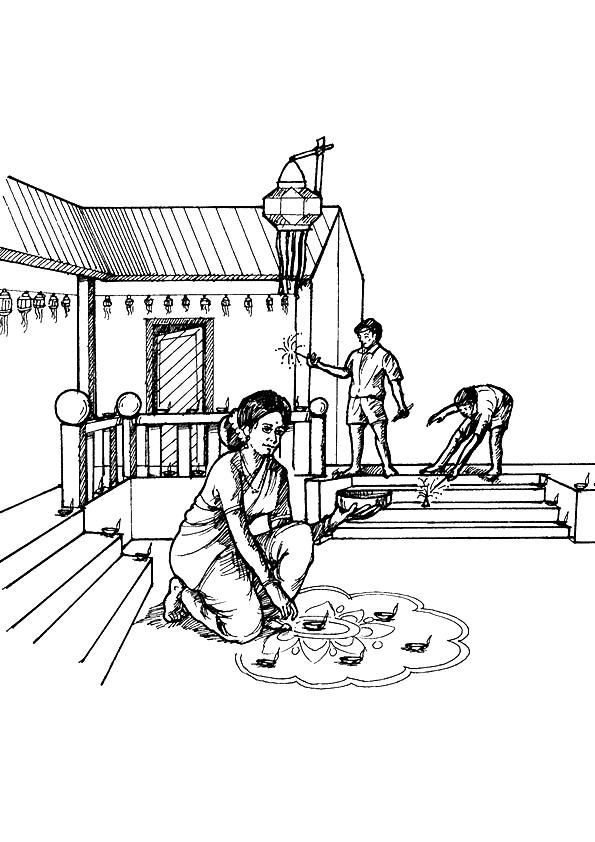 black and white drawing of people playing in the water on steps to a house with two children