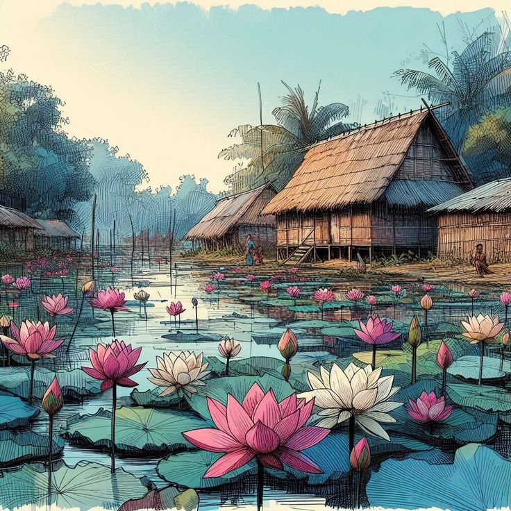 a painting of water lilies in front of a hut