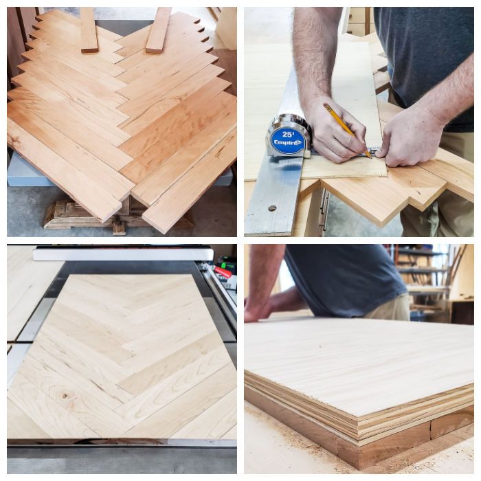 the process of making wooden planks is shown in four different pictures, including one being cut