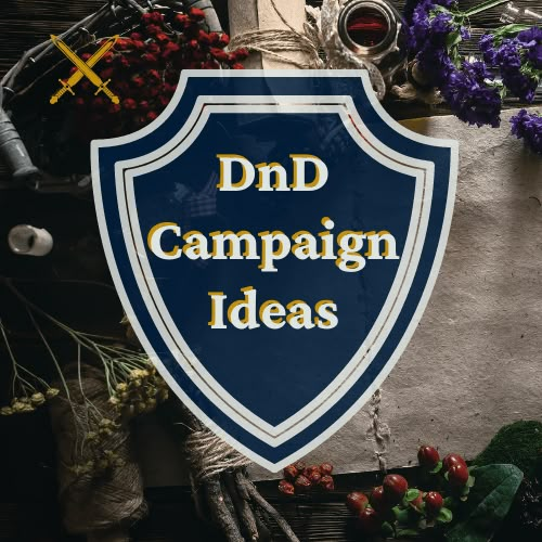 a blue and white sign that says dnd campaign ideas next to some purple flowers