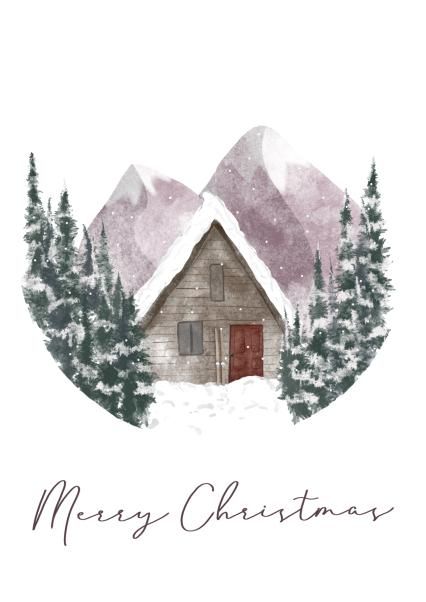 a christmas card with a house in the snow and trees around it, that says merry christmas