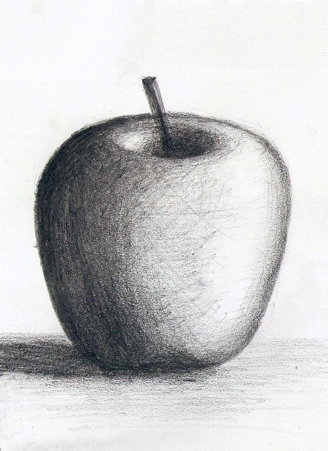 a pencil drawing of an apple on a table