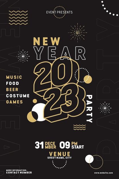 the new year party flyer is shown in gold and black with an art deco font