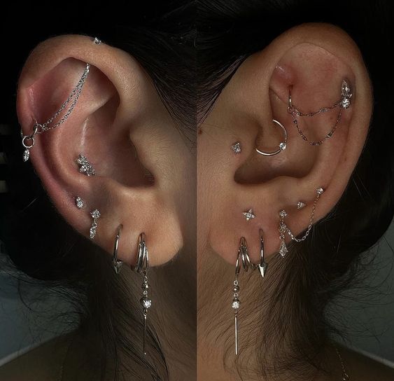 two pictures of a woman's ear with different types of piercings on it