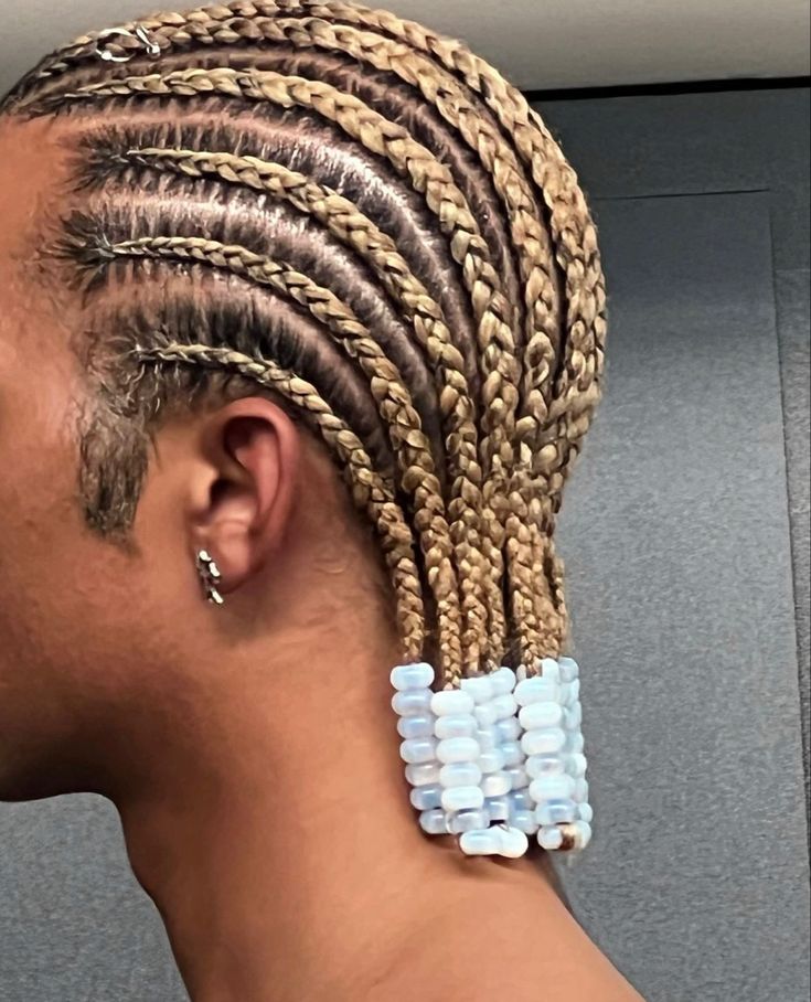 Men Cornrows With Beads, Cornrow Side Part, White Boy Cornrows, Blonde Cornrows Men, Men Braids With Beads, Men Cornrow Styles, Small Cornrows Men, Corn Rows With Curly Hair, Men With Cornrows